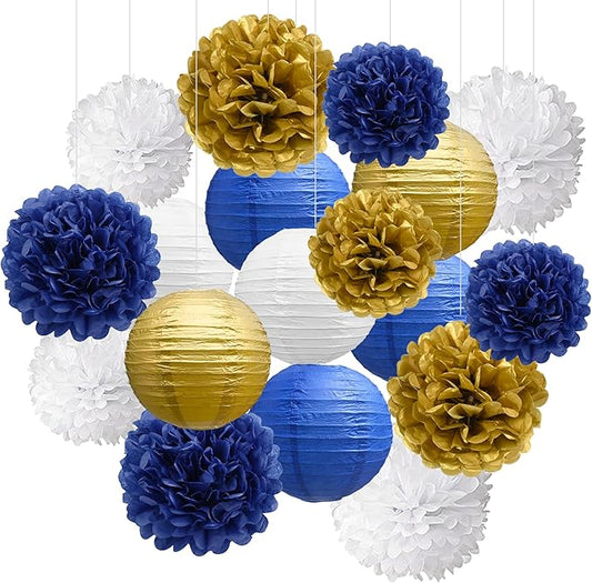 BEISHIDA Blue Gold Tissue Hanging Paper Flowers Lanterns Party Decorations Set for Birthday Graduation Baby Shower Bridal Bachelorette Wedding Photo Booth Backdrops Party Supplies(18 Packs)