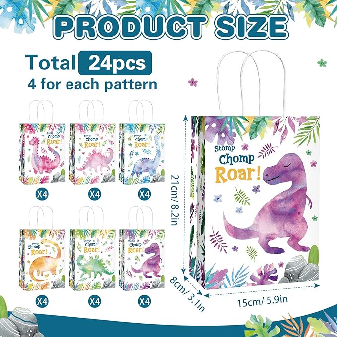 Outus 24 Pcs Dinosaur Party Gift Bags, Dino Party Gift Goodie Favor Bags with Handle for Girls Boys Dinosaur Theme Birthday Baby Shower Decoration