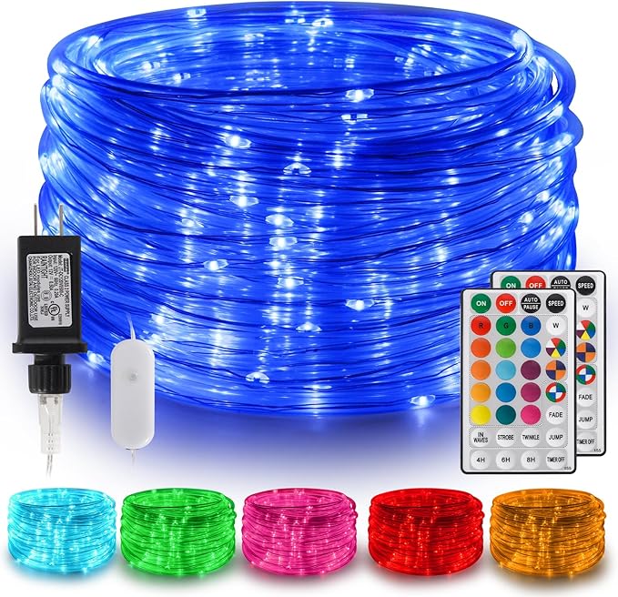 Gvwoxm 98FT 300 LED Rope Lights, 18 Colors with Timer, 5 Modes, Waterproof Plug-in Remote Control Camping String Lights for Outside, Camping, Classroom, Party, Festival Decoration Light Strings