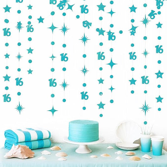 Teal Blue 16th Birthday Decorations Number 16 Circle Dot Star Garland Glitter Streamer Banner Backdrop for Girls Boys Sweet Sixteen Cheers to 16 Years Old Birthday 16th Anniversary Party Supplies