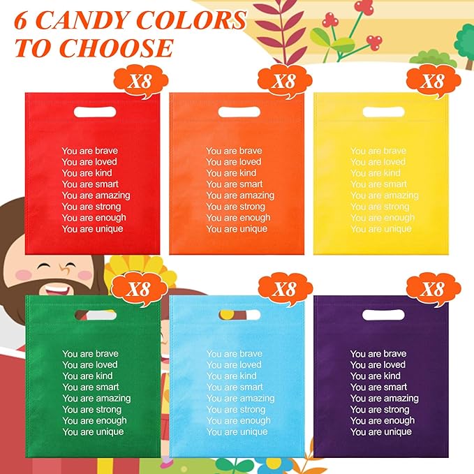 48 Pcs End of the Year Gifts Bags for Students Rainbow Reusable Goodie Treat Bags with Handles Bulk 11.5 x 9.5 Inches Inspiration Party Favor for Birthday Holiday Party Supplies