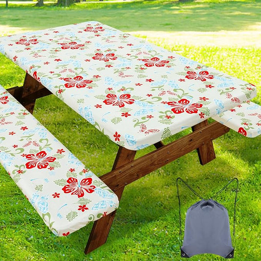 Smiry Picnic Table Cover with Bench Covers, Waterproof Elastic Fitted Tablecloth for 6 Foot Tables, Washable Polyester Tablecloths for Camping, Indoor & Outdoor (Butterfly, 30x72 Inch 3-pc Set)