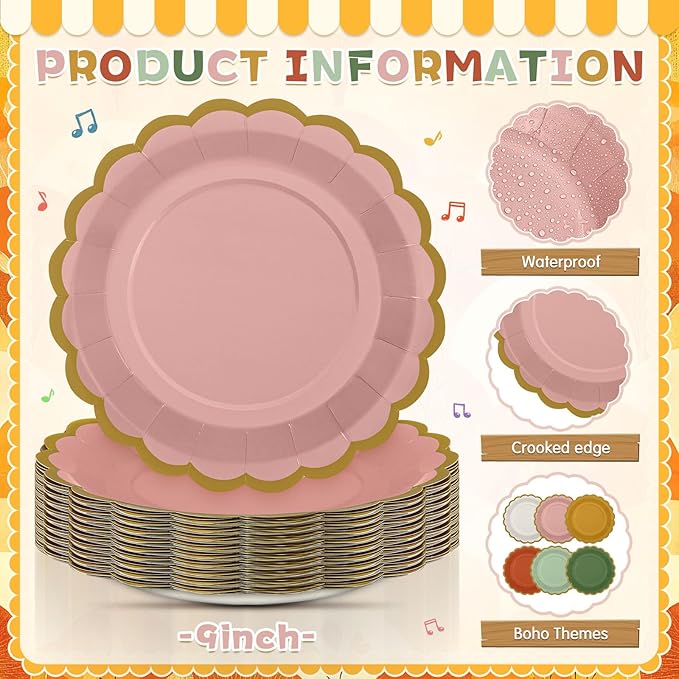 48 Pcs Colorful Paper Plates 9 Inch Boho Scalloped Paper Disposable Dinner Dessert Plates for Birthday Wedding Bridal Party Supplies, 6 Colors