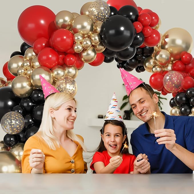 Ouddy Party 149Pcs Red Black Gold Balloon Arch Garland Kit Different Sizes 18 12 10 5Inch, 6Pcs 18” Latex Metallic Gold Confetti Balloons for Birthday Casino Night Movie New Year Party Decorations
