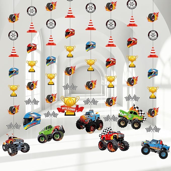 Daifunli 8 Pcs Truck Party Decorations Monster Truck Hanging Garlands Streamer Cutouts Race Car Theme Birthday Banner Backdrop for Boy Car Baby Shower Party Supplies Home Wall Ceiling Decor
