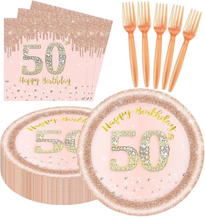 60 PCS 50th Birthday Decorations for Women, 50th Birthday Plates and Napkins Rose Gold Disposable Tableware Set Party Supplies for Women Cheers to 50 Years Anniversary (50TH)
