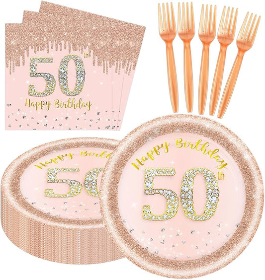 60 PCS 50th Birthday Decorations for Women, 50th Birthday Plates and Napkins Rose Gold Disposable Tableware Set Party Supplies for Women Cheers to 50 Years Anniversary (50TH)