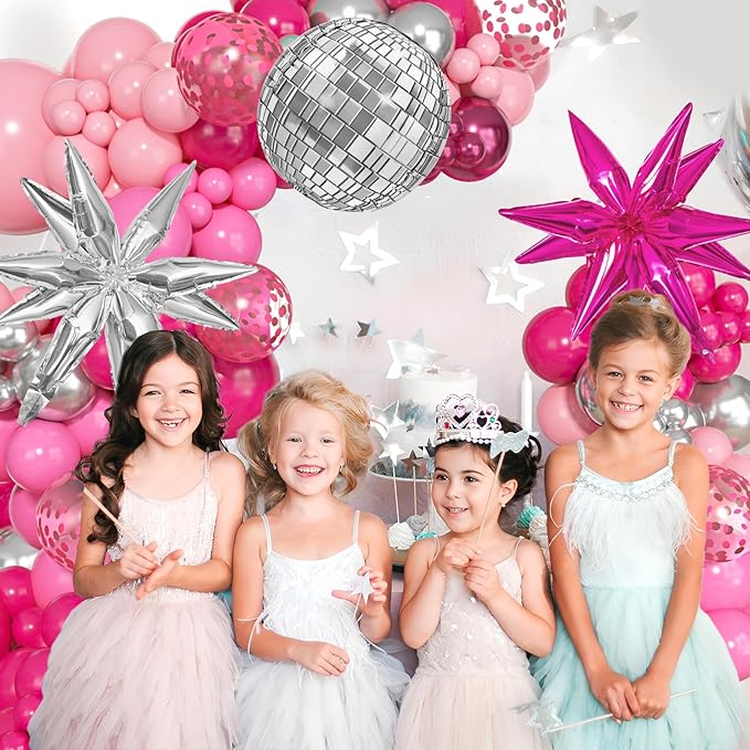 145Pcs Princess Pink and Silver Valentines Balloon Garland Arch Kit, Hot Pink Confetti 4D Star Disco Ball Crown Balloons for Girls Women Bridal Baby Shower Makeup Bachelorette Birthday Party Decors