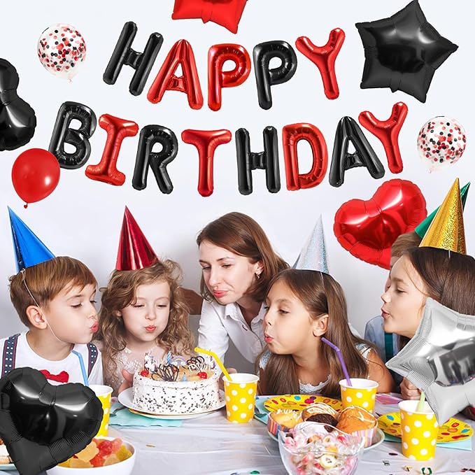 CANREVEL Happy Birthday Balloons Banner 16 Inch Mylar Foil Letters with Star & Heart Balloons Birthday Party Decorations for Men and Women - 30 Pcs Black Red