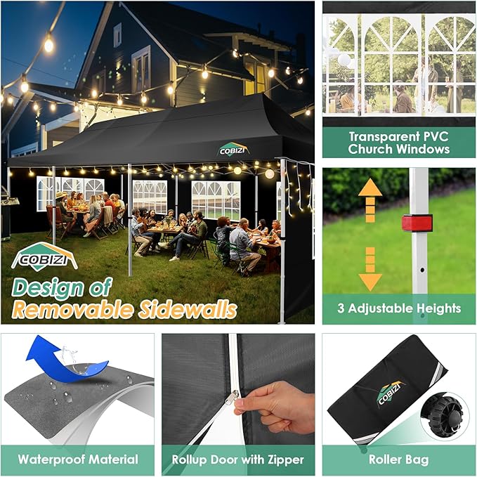 COBIZI 10x30 Pop Up Canopy with 8 Removable Sidewalls Party Tents for Parties Wedding Patio Commercial Waterproof and UV50+ Ez Outdoor Instant Gazebo with Roller Bag & 4 Sandbags（Matte Black）