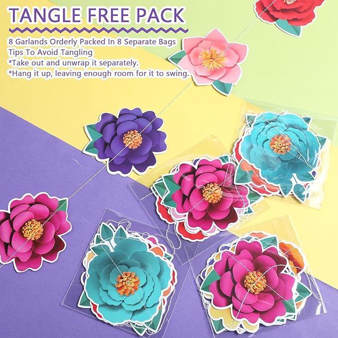 Spakon 8 Pcs Mexican Paper Flower Decorations Mexican Fiesta Garlands Cinco de Mayo Flat Floral Hanging Banner Cutouts for Birthday Decorations Baby Shower Cinco De Mayo Party Decor