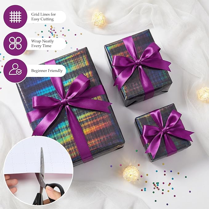 Bafeil Black Holographic Striped Wrapping Paper Roll with Ribbon, Metallic Iridescent Gift Wrap Paper for Birthdays, Mother’s Day, Graduations, Weddings, Father’s Day, Teachers’ Day