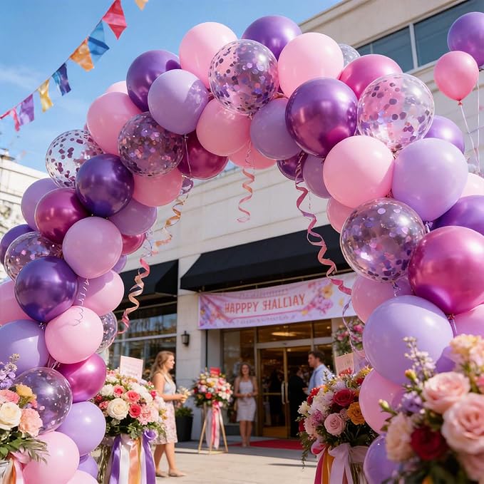 68pcs Pink and Purple Balloons, 12 Inch Metallic Purple Pink Confetti Latex Balloons with Ribbon, Party Balloons for Girls Birthday Baby Shower Wedding Party Decorations