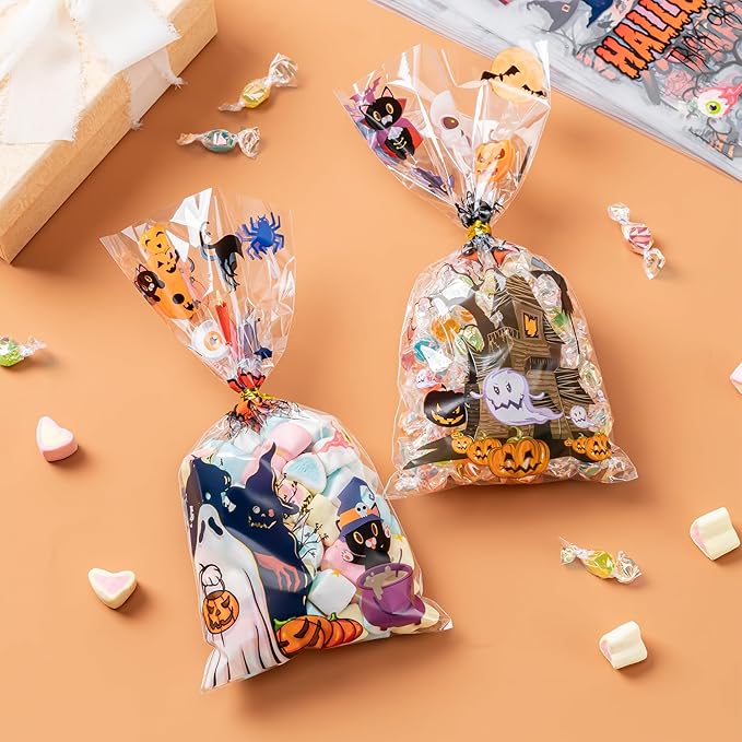 Aegero Halloween Cellophane Treat Bags, 200pcs Trick or Treat Goody Bags with 220pcs Twists for Snacks Cookies Packing, Party Supplies,Halloween 02