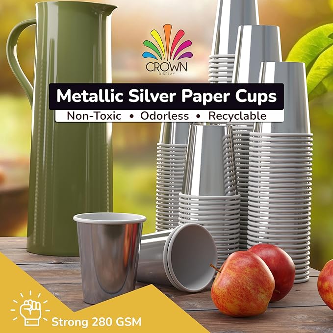 Party Solids Metallic Silver Paper Cups 9 oz Durable Disposable Cups 1000 Paper Tumblers for Hot Drinks and Cold Drinks Thick 280 GSM Hot Cup for Tea & Coffee Cup To Go Fun Colors for Parties & Events