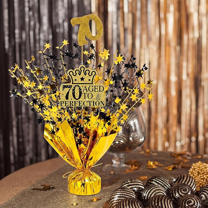 Tatuo 4 Pcs Metallic Foil Spray Centerpiece Happy 30th 40th 50th 60th 70th 80th Years Centerpiece Table Decorations for Black and Gold Birthday Anniversary Wedding Party Table Decor(70th Birthday)
