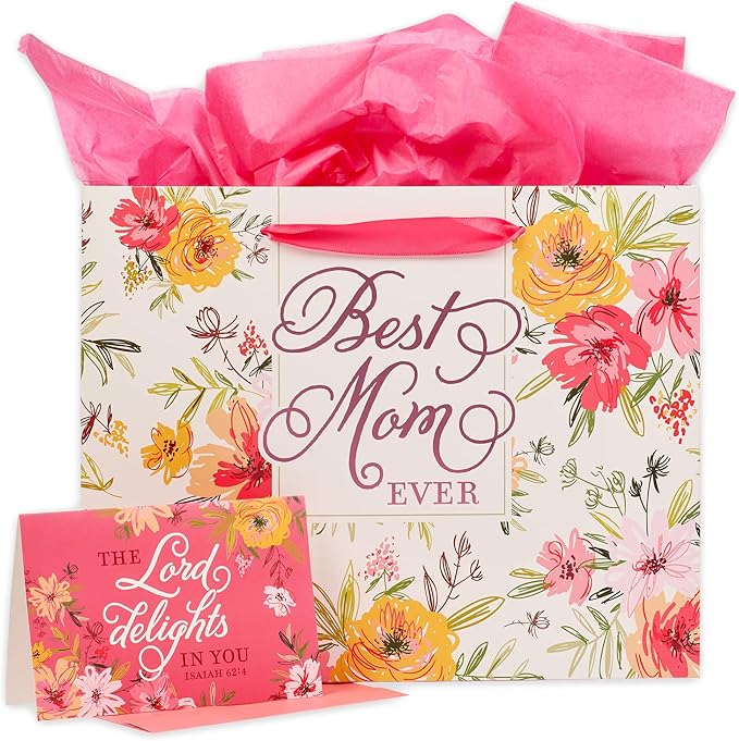Christian Art Gifts Three Piece Landscape Gift Bag w/Card & Tissue Paper Set for Mothers - Best Mom Ever & The Lord Delights in You - Isaiah 62:4, White, Orange & Pink Multi-Floral Arrangement, Large