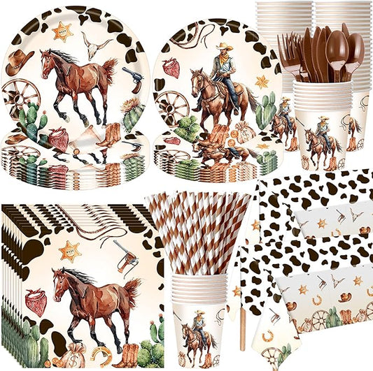 Potchen 452 Pcs Party Supplies Serve 50 Guests, Paper Plates Napkins Cups Cutlery Plastic Tablecloth Dinnerware for Birthday Wedding Party Decoration(Multicolor, Western Cowboy)