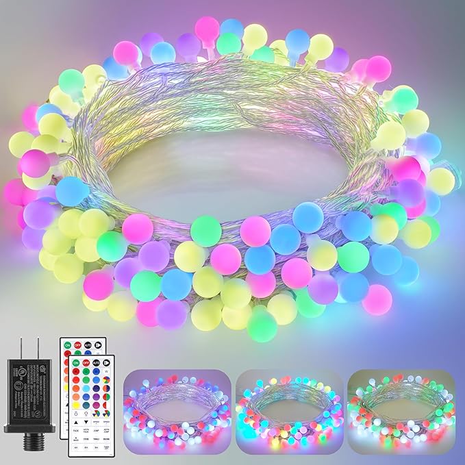 66FT Color Changing String Lights, Connectable Globe String Lights Plug in with Remote, 120 LEDs 128 Modes Christmas Lights Outdoor Waterproof for Patio Tent Camping Bedroom Classroom Party Xmas Decor