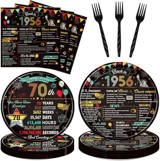 Vintage 70th Birthday Plates and Napkins, 96PCS 70th Birthday Party Decorations Supplies for Women Men, Back in 1956 Cheers to 70 Years Disposable Tableware Set Serve 24