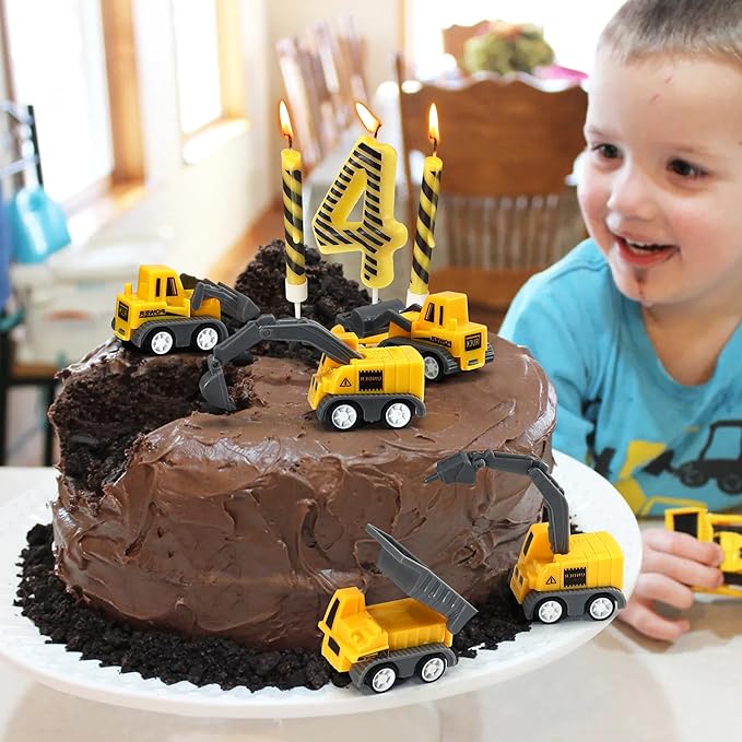 Number 4 Construction Birthday Candles, 12 Pcs Construction Cake Toppers Set, Digger Cake Topper for Birthday Anniversary Party Cake Decorations
