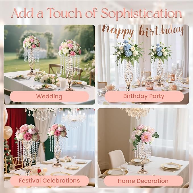 10 Pcs Crystal Flower Stand Gold Wedding Centerpieces 16.9 Inch Tall Gold Vase with Chandelier Metal Wedding Centerpiece Vase for Birthday Party Reception Festivals Party Decor (S-16.9inch)