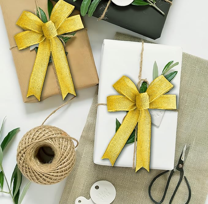 Gold Yellow Burlap Ribbon 1/2 inch X 10 Yard Natural Linen Woven Wired Ribbons DIY Handmade Edging Production Wreath Holiday Decoration Ribbon for Gift Wrapping Gold Yellow Ribbons