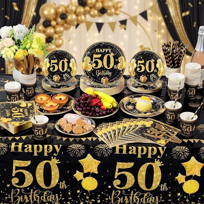 Ceenna 452 Pcs 50th Birthday Party Decoration Men for 50 Guests, Happy Black Gold 50th Birthday Paper Plates Napkins Cups Tablecloth Cutlery Straw Cheers to 50 Tableware Party Supplies for Women Men