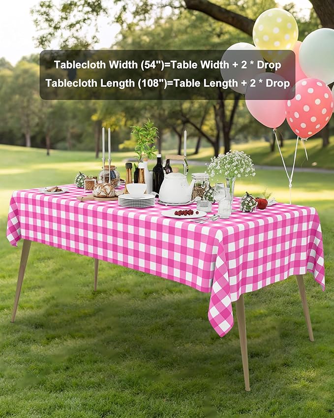 Smiry 12 Packs Gingham Disposable Table Cloth, 54 x 108 Inch Waterproof Plastic Tablecloth, Rectangle Hot Pink and White Checkered Table Covers for Picnic, Birthday, Party