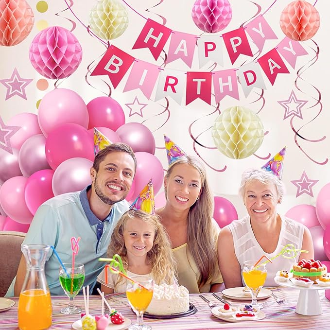 ZERODECO Birthday Decorations, Easy to Assemble Pink Happy Birthday Banner with Honeycomb Ball, Balloon, Hanging Swirl Streamer, Garland, Happy Birthday Party Decorations for Women Girls Kids