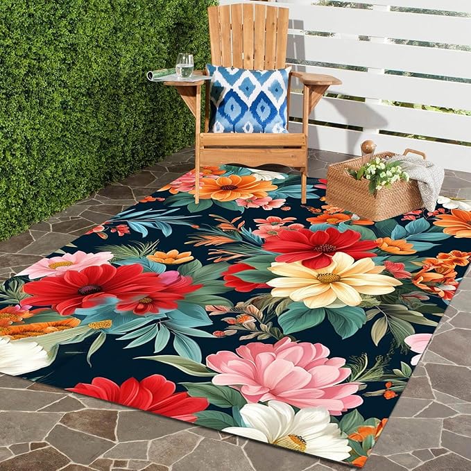 Washable Outdoor Rug with Floral Texture 4x6 Waterproof Non Slip Vibrant Area Rugs for Patio Deck Garden Balcony Large Flower Print Camping Porch Backyard Outside Carpet Red Navy Blue