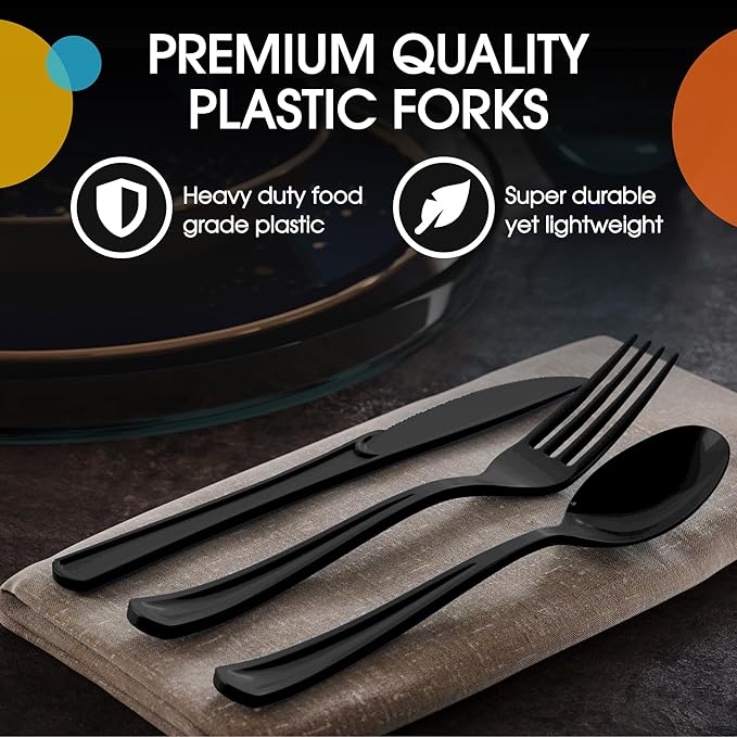 Party Solids Black Plastic Silverware Heavy Duty 150 Pieces Black Disposable Silverware Heavy Duty, Utensil Sets, 50 Of Each Forks, Knives & Spoons Disposable Cutlery Set For Party Supplies