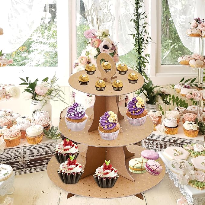 Soleebee 3-Tier Round Cupcake Stand, Cardboard Cupcake Tower, Dessert Cup Cake Stand Tower for Birthday Wedding Party Decoration, Cupcake Tier Stand 2 Set (Brown Golden Dot)
