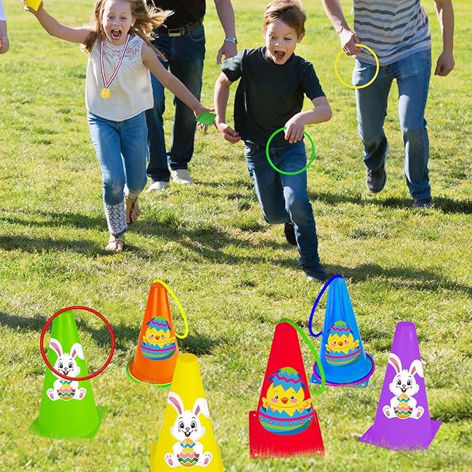 Cinrobiye 62 Pcs Easter Outdoor Games Set, Lawn Field Day Party Games with Potato Sack Race, Egg and Spoon, Three Legged Race, Ring Toss, Bean Bags for Easter Spring Carnival Yard Activities
