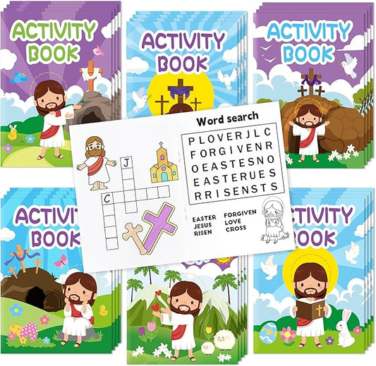 Easter Activity Books for Kids - 24Pcs He is Risen Mini Games Coloring Book Set Bulk Mazes Word Search Word Scramble Games for School Classroom Easter Spring Holiday Reward DIY Art Gifts Party Favors