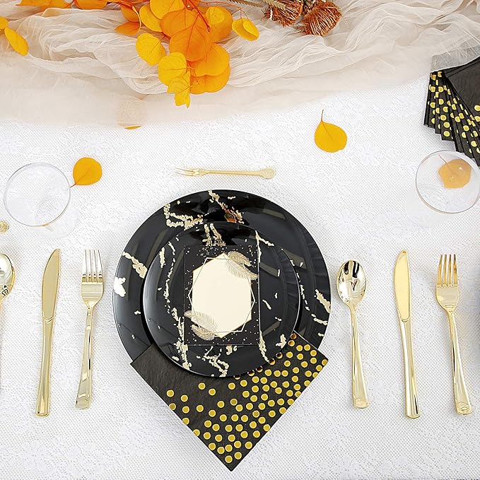 N9R 225pcs Black Gold Plastic Plates, Disposable Dinnerware Set Include 25 Dinner Plates, 25 Dessert Plate, 25 Plastic Silverware, 25 Mini Forks, Gold Cups, Napkins and Table Cards Halloween