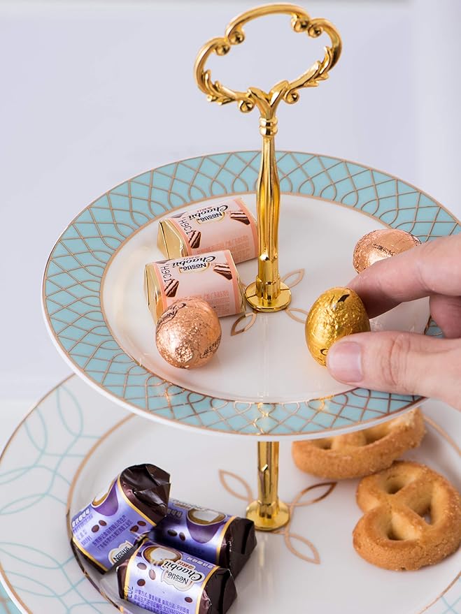 Jusalpha 3-tier Elegant Blue Ceramic Cake Stand/Cupcake Stand/Dessert Stand/Tea Party Pastry Serving Platter/Food Display, Stand, Comes In a Gift Box- Free Sugar Tong JQ-3RG (Blue)