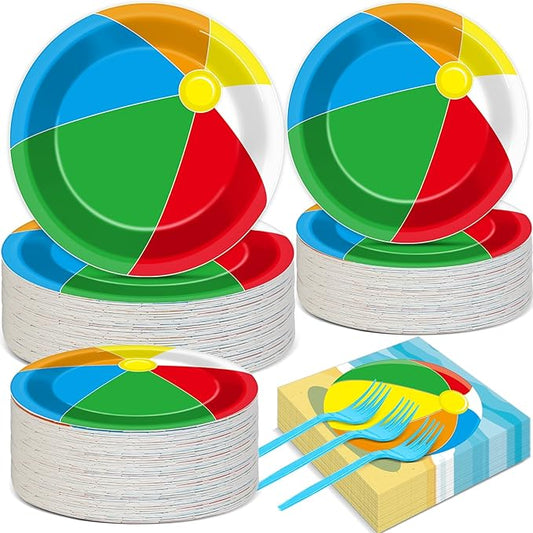 Qyeahkj 50 Guests Beach Pool Ball Party Plates and Napkins Tableware Set Summer Pool Beach Birthday Party Dinnerware Supplies Favors Decorations for Hawaiian Camp, 200PCS