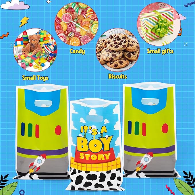 Andi Cppss Cartoon Story Party Favor Bags - 50PCS Boy Story Party Gift Bags for Boys Plastic Goodies Bag with Handle for Birthday Parties Supplies Boys Baby Show Birthday Parties Favor Treat Candy Bag