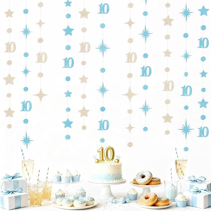 Champagne Gold Blue 10th Birthday Decorations Number 10 Circle Dot Star Garland Streamer Banner Backdrop for Girls Boys Double Digits Cheers to 10 Years Old Birthday 10th Anniversary Party Supplies