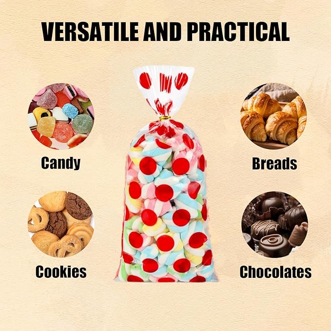 EatnMgan 200Pcs Cellophane Treat Bags,10.8 x 4.9Inch Plastic Candy Bags,Cellophane Bags,Goodie Candy with 220Pcs Twist Ties for Valentine, Birthday, Gift Cookie Snack Packing Party Favor Supplies (Red)