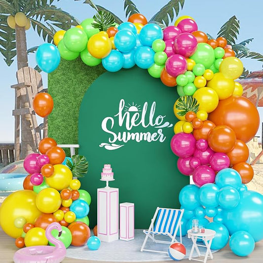 Tropical Balloons Arch Kit,130Pcs Luau Balloons Different Sizes Hot Pink and Yellow Latex Balloons for Hawaiian Luau Summer Birthday Party Decorations