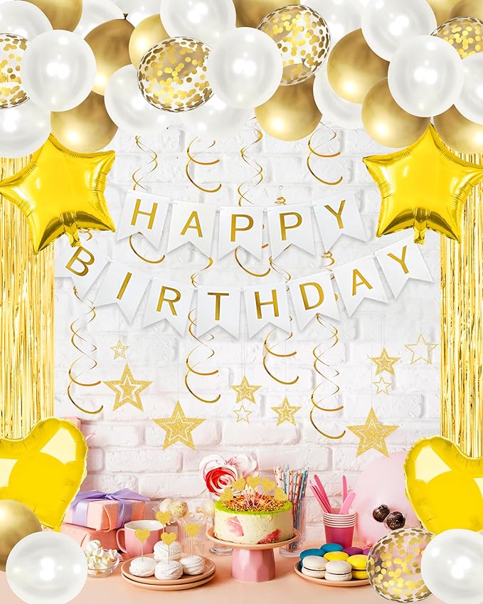 Lutoys Golden Happy Birthday Party Decorations, Happy Birthday Banner, Gold Foil Heart Star Confetti Balloons Curtain Backdrop Hanging Swirls Party Decor for Boys Men