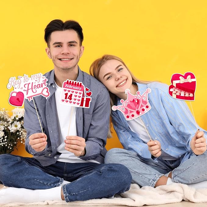 Happy Valentine's Day Photo Booth Props Kit, 24 PCS Selfie Photo Booth Accessories with “Happy Valentine’s Day” Signs, Cute Heart Themed Party Decorations for Valentine’s Party Favors（Red）