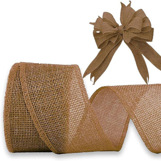 Brown Burlap Ribbon 2 inch X 10 Yard Natural Linen Woven Burlap Ribbons DIY Handmade Edging Production Wreath Holiday Decoration Ribbon Gift Wrapping Brown Linen Ribbons