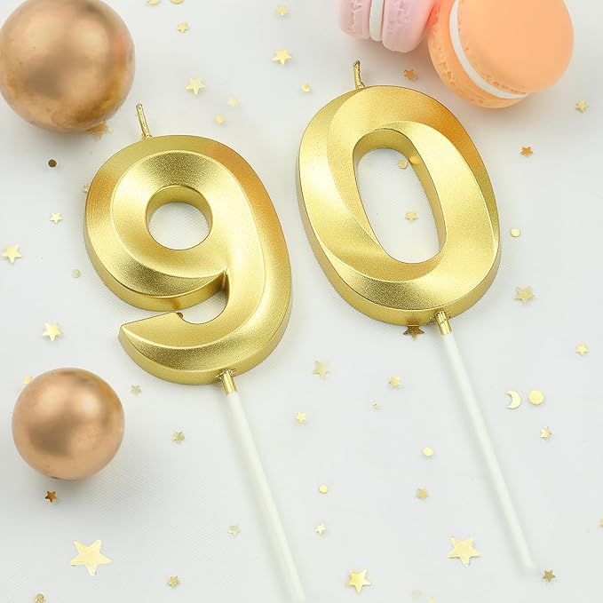 2.76 Inch Diamond Gold 90 Number Birthday Candles, Gold and Cake Number Candles for Party Celebration