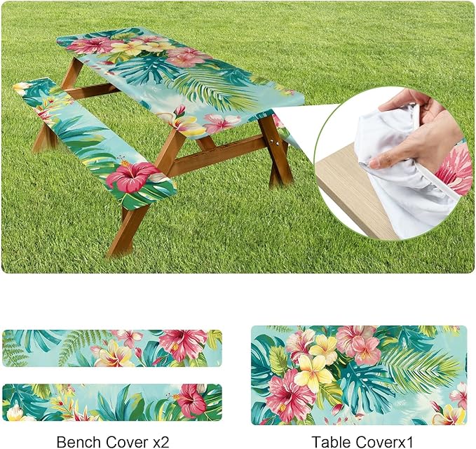 ANNA QUEEN Summer Flowers Picnic Table Cover 6FT with Bench Covers Picnic Table Cover Set 3PCS 72"x30", Outdoor Bench and Tablecloth Furniture Protection