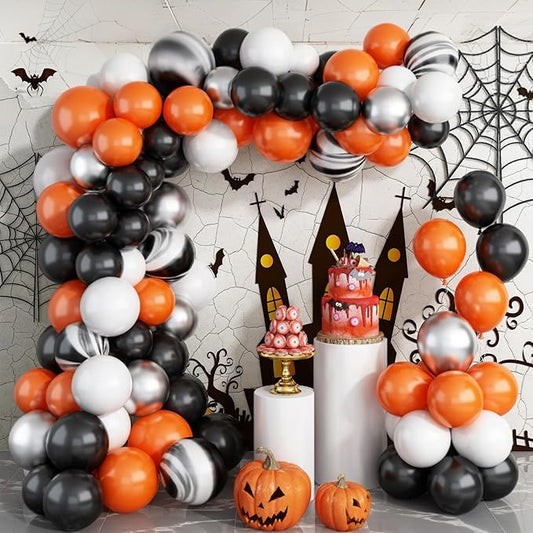 Black Orange and Silver Balloon Garland Arch Kit, Black Orange White Metallic Silver with Agate Balloon Arch Kit for Kids Halloween Theme Birthday Graduation Party Decorations Supplies