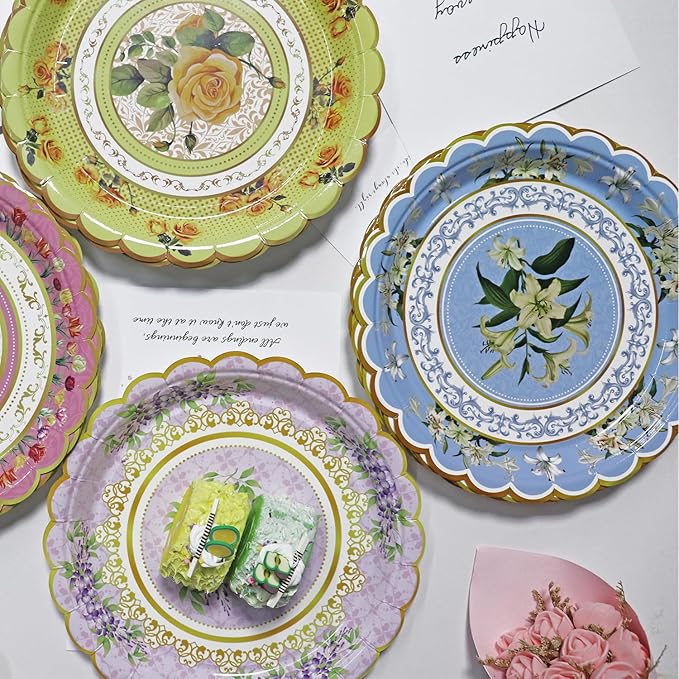 60-Pack Floral Paper Plates, Tea Party Decorations, 9 Inch Disposable Floral Plates for Tea Party, Baby Shower, Bridal Shower, Birthday, Wedding and Any Celebration