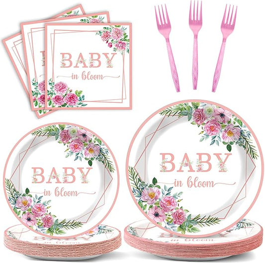 OBUSATT 96Pcs Baby in Bloom Party Supplies Baby in Bloom Floral Paper Plates Napkins Babies Shower Party Decorations Girl Floral Dinnerware Birthday Favor Pink Birthday Tableware Serves 24